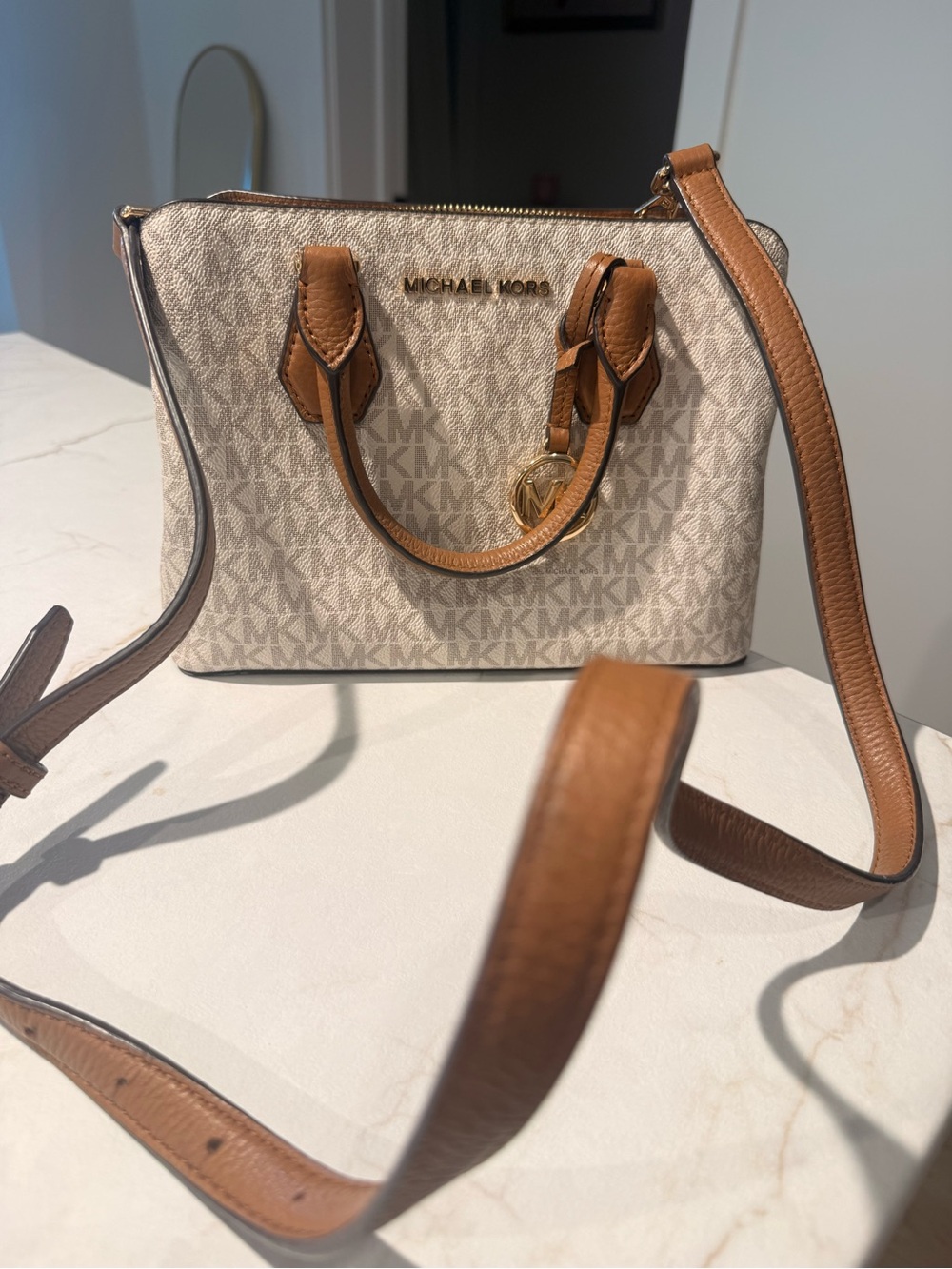 Michael Kors White/Beige Signature Satchel with Brown Trim